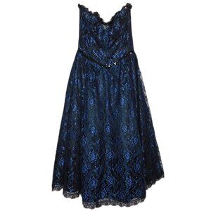 Gunne Sax Vintage Strapless Blue Black Rose Lace Dress | Whimsigoth | VGUC | M/9